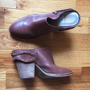 Camel brown slip on heeled braided booties
